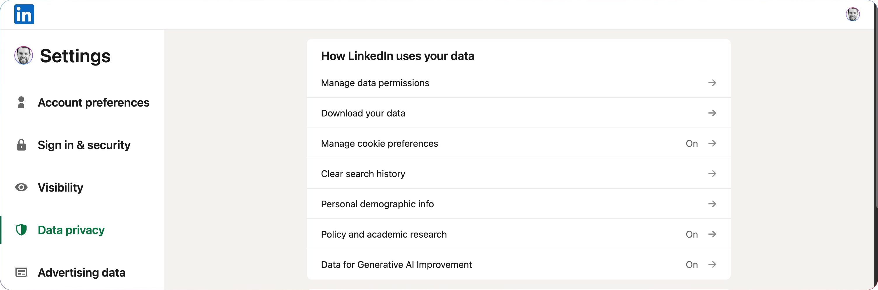 LinkedIn data privacy panel — Download your data is the second option